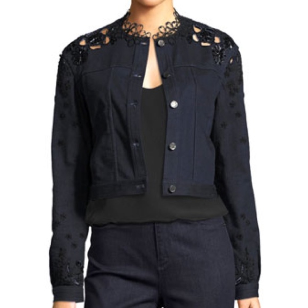 Elie Tahari Esperanza Embroidered Lace-Back Denim Jacket, Blue